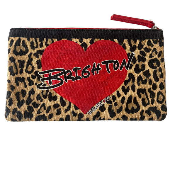 Brighton Red Heart Leopard Print Canvas Pouch Zippered Top Closure Purse Bag - Picture 2 of 4